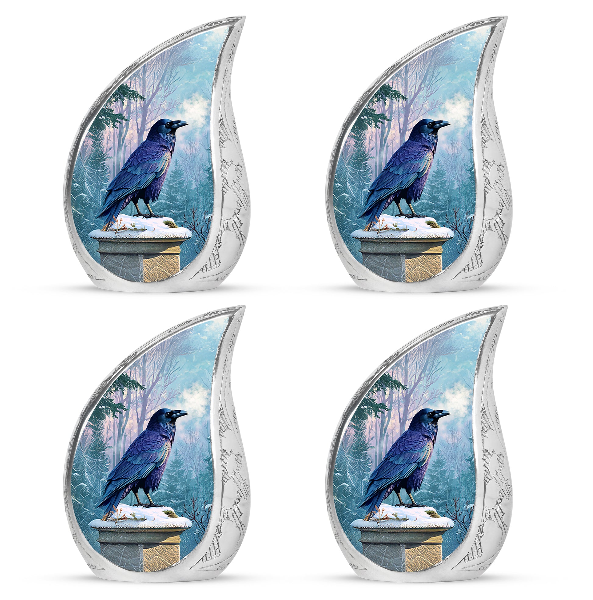 Indigo Crow Cremation Urn close-up of engraving and surface detail - rounded teardrop crow design with delicate detail - 10 inch aluminum urn for cremated remains