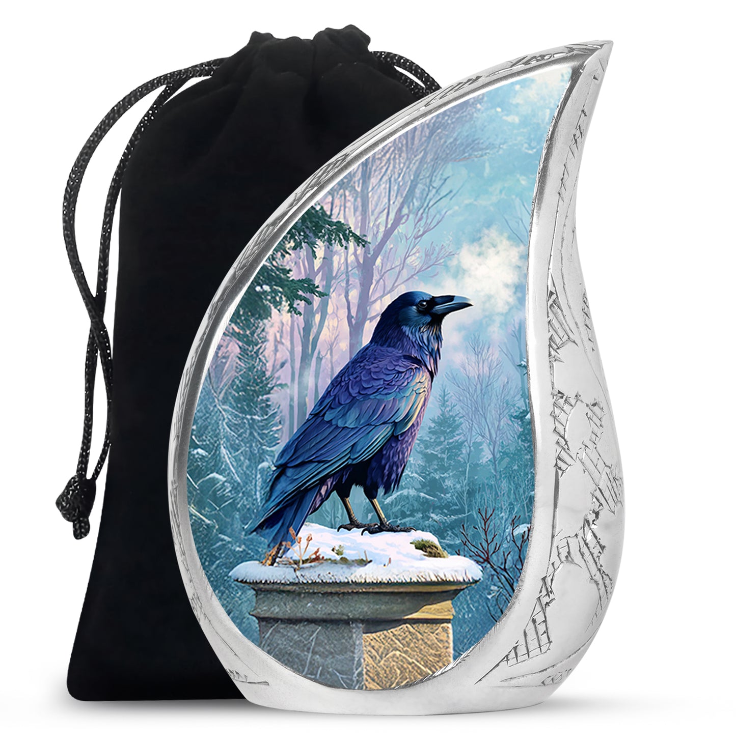 Bright Blue Crow Cremation Urn front view showing detailed design - smooth teardrop contour featuring crow art - full-size 10 inch 200 cubic inch adult cremation urn