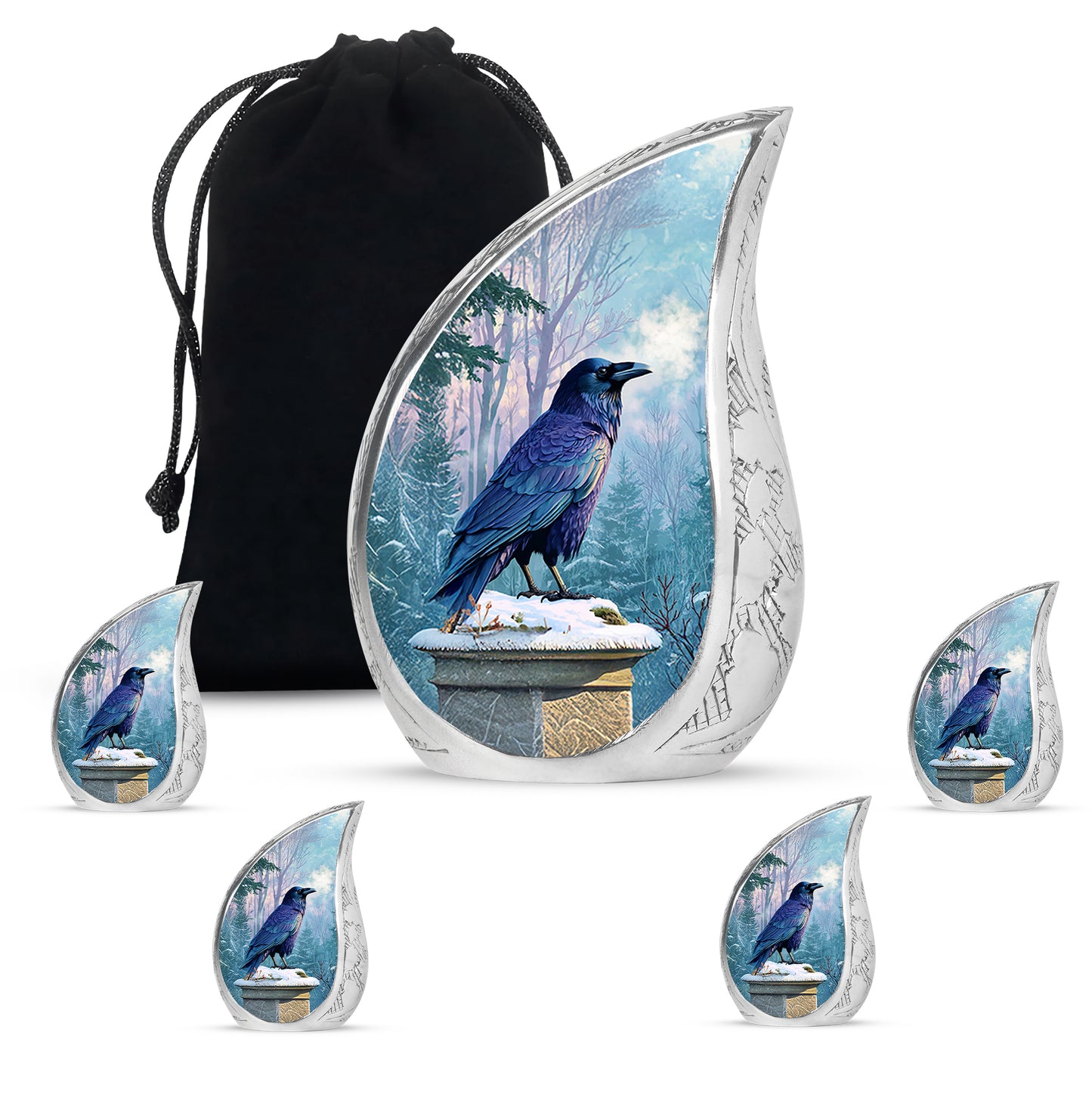 Azure Crow Cremation Urn side profile showing urn shape - flowing teardrop crow silhouette on curved aluminum - memorial set with one large and four small urns