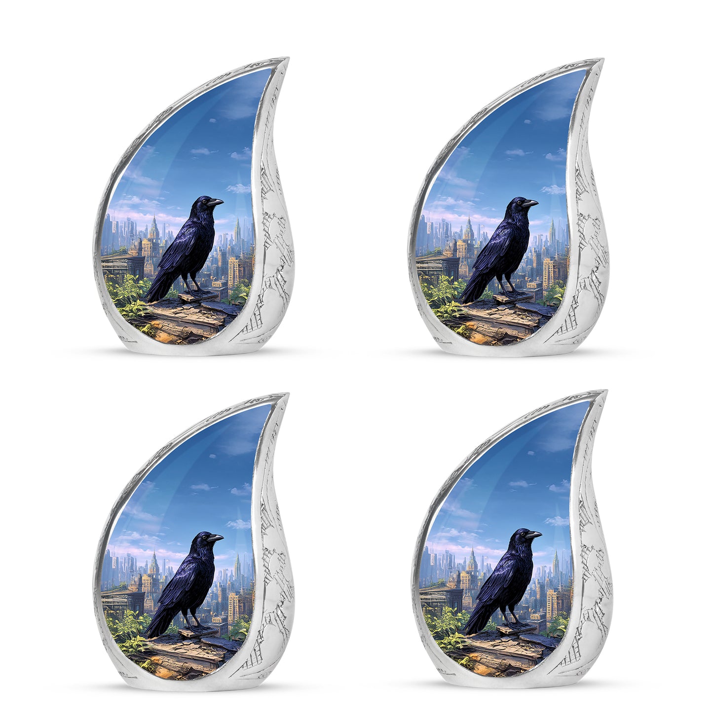 Powder Blue Crow Cremation Urn close-up of engraving and surface detail - flowing teardrop crow silhouette on curved aluminum - 10 inch aluminum urn for cremated remains
