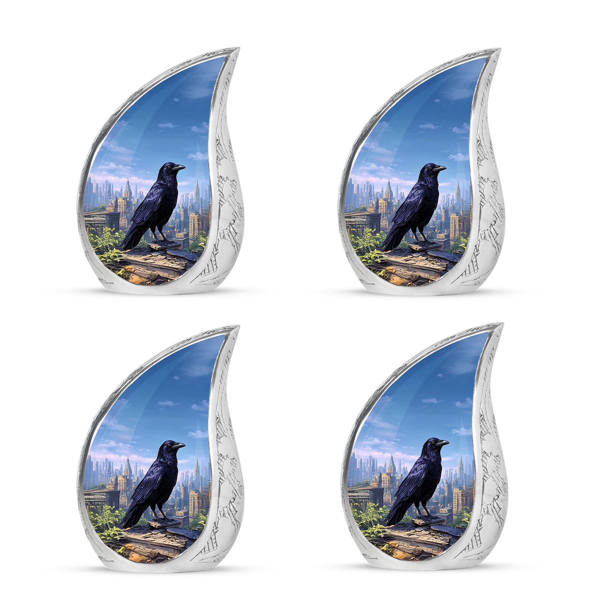 Powder Blue Crow Cremation Urn close-up of engraving and surface detail - flowing teardrop crow silhouette on curved aluminum - 10 inch aluminum urn for cremated remains