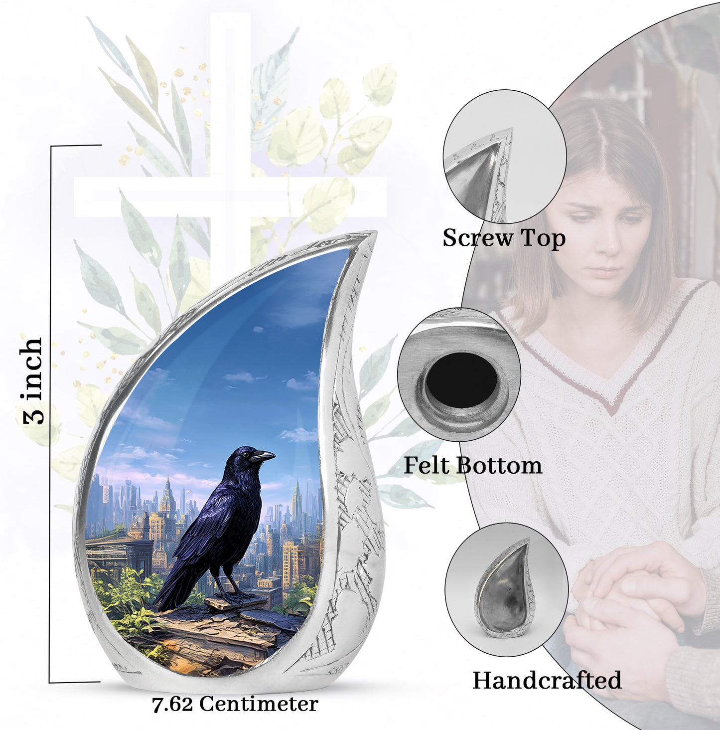 Cobalt Blue Crow Cremation Urn angled view of lid and engraved motif - smooth teardrop contour featuring crow art - mini keepsake memorial for portion of cremation ashes