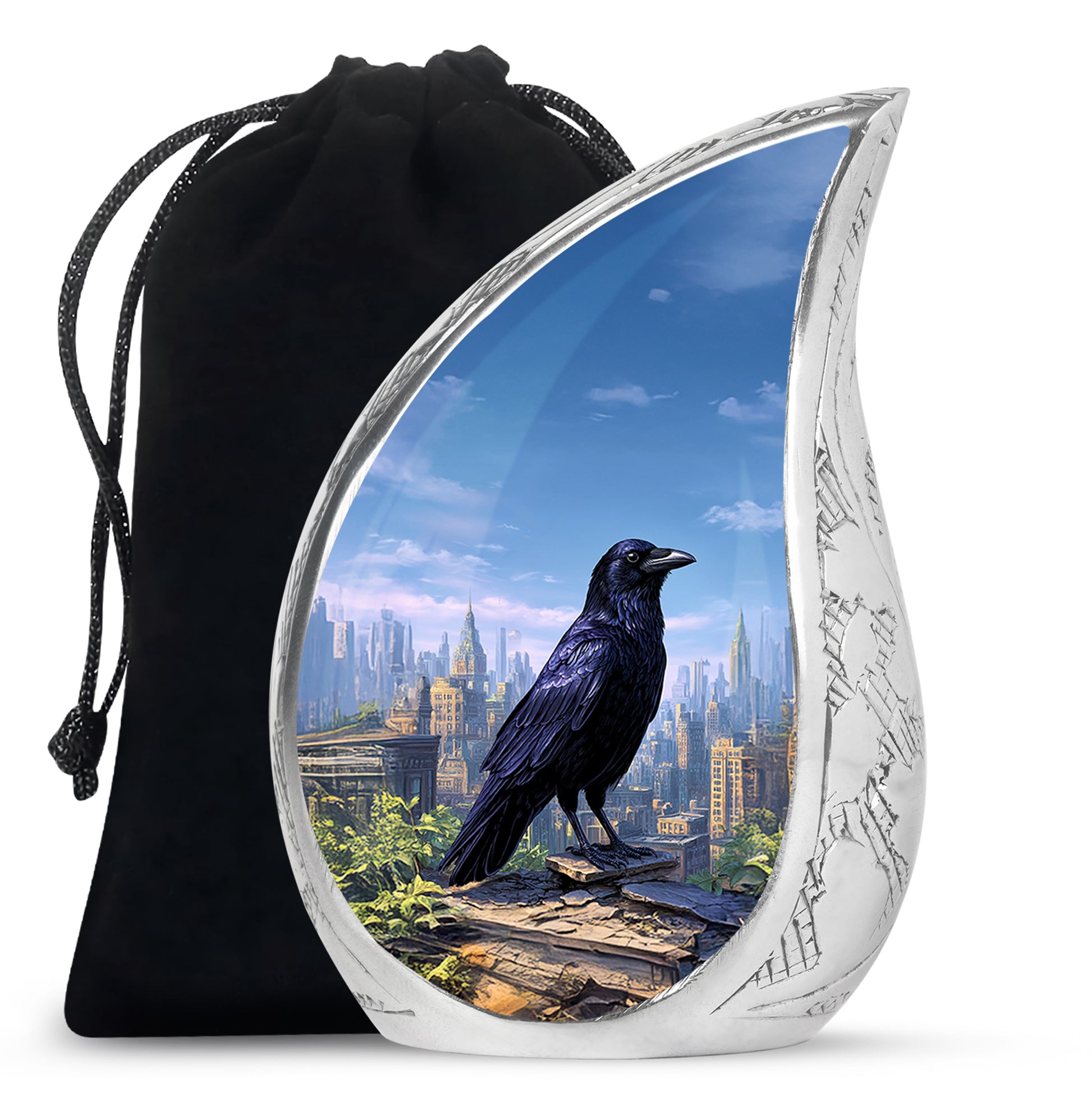 Sapphire Blue Crow Cremation Urn front view showing detailed design - smooth teardrop contour featuring crow art - full-size 10 inch 200 cubic inch adult cremation urn