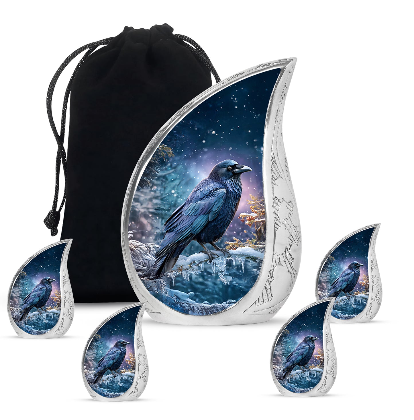 Celestial Blue Crow Cremation Urn side profile showing urn shape - rounded teardrop crow design with delicate detail - memorial set with one large and four small urns