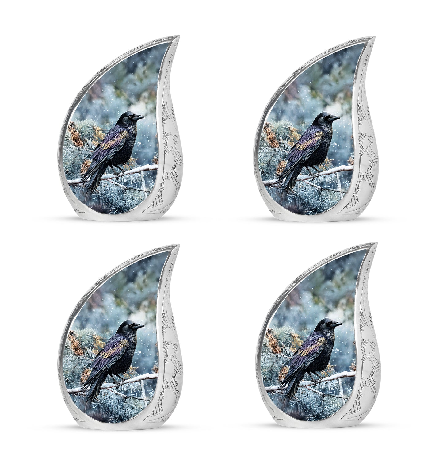 Vivid Blue Crow Cremation Urn close-up of engraving and surface detail - graceful tear-shaped urn with crow motif - 10 inch aluminum urn for cremated remains