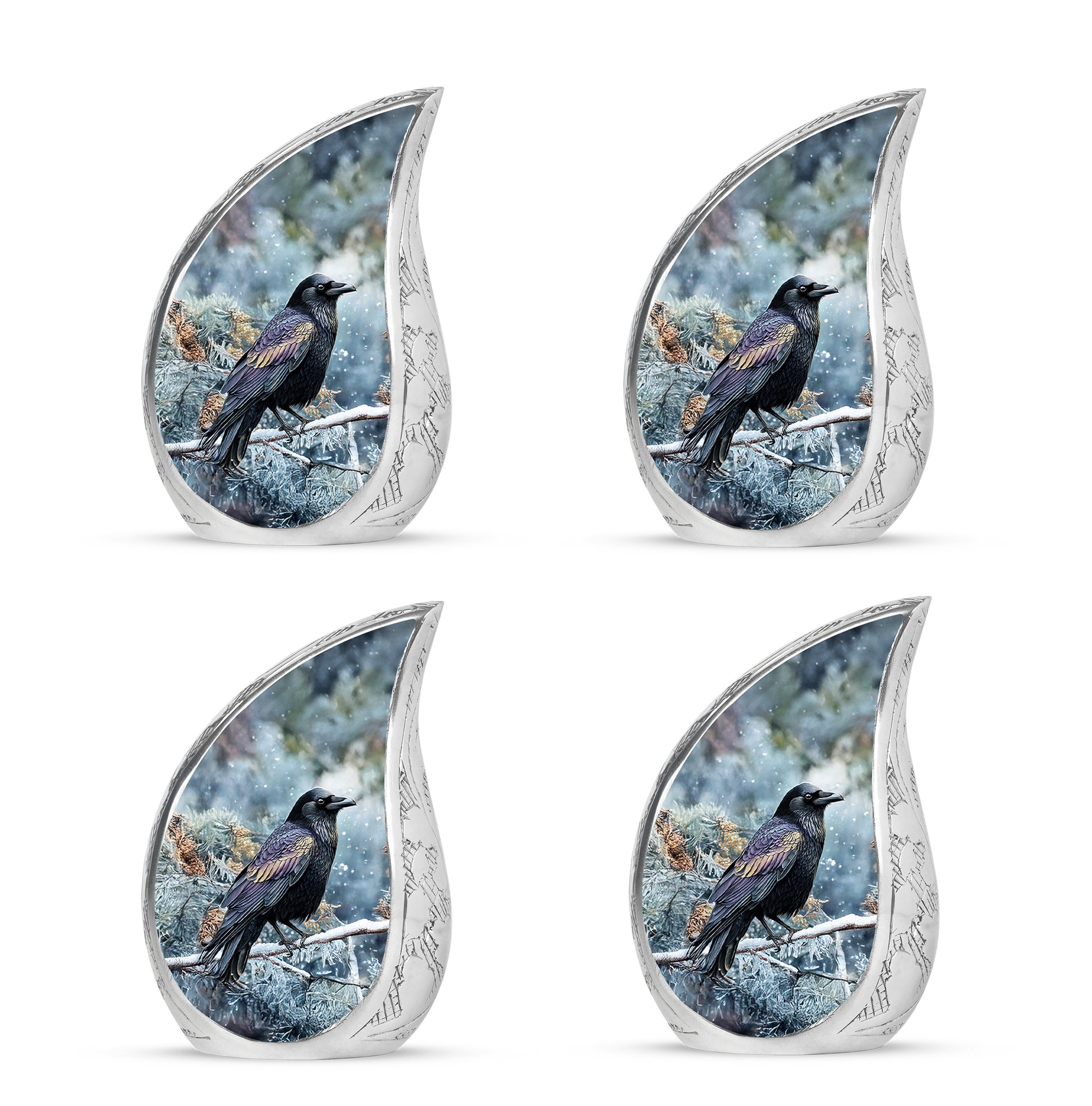 Vivid Blue Crow Cremation Urn close-up of engraving and surface detail - graceful tear-shaped urn with crow motif - 10 inch aluminum urn for cremated remains