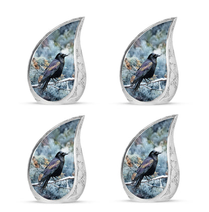 Vivid Blue Crow Cremation Urn close-up of engraving and surface detail - graceful tear-shaped urn with crow motif - 10 inch aluminum urn for cremated remains