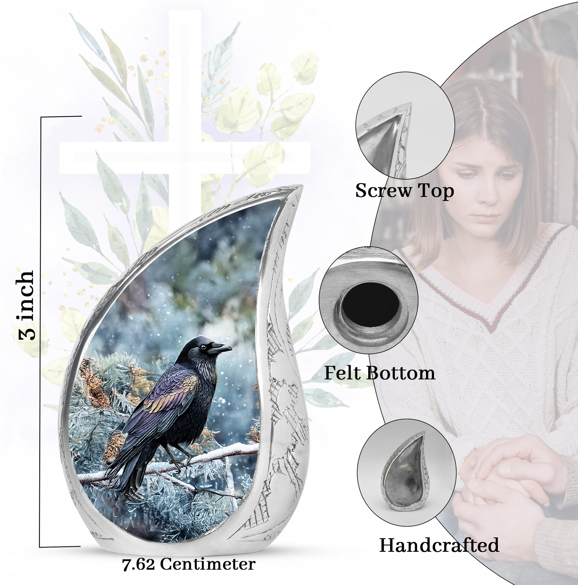 Bright Blue Crow Cremation Urn angled view of lid and engraved motif - graceful tear-shaped urn with crow motif - mini keepsake memorial for portion of cremation ashes