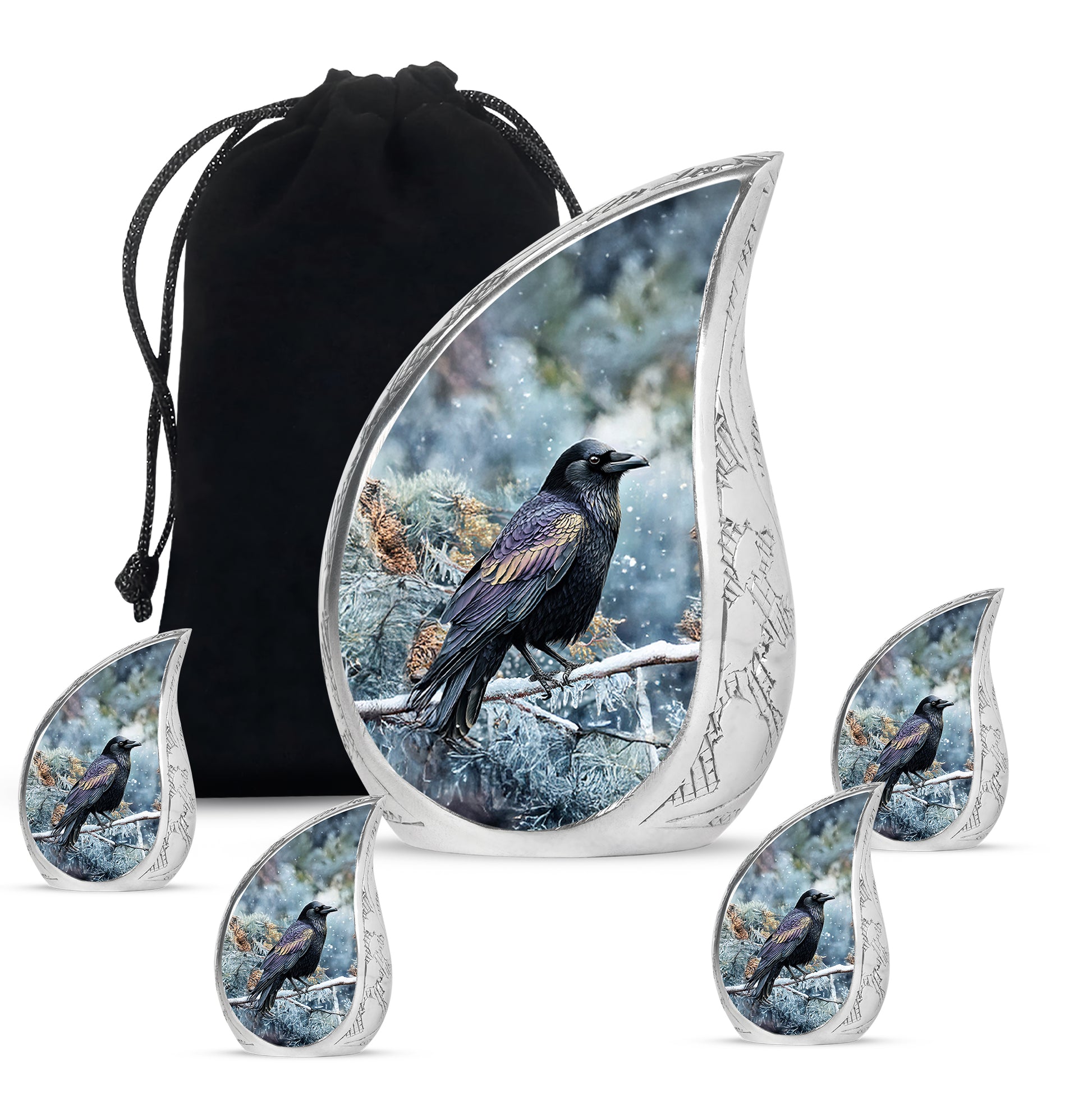 Navy Blue Crow Cremation Urn side profile showing urn shape - flowing teardrop crow silhouette on curved aluminum - memorial set with one large and four small urns