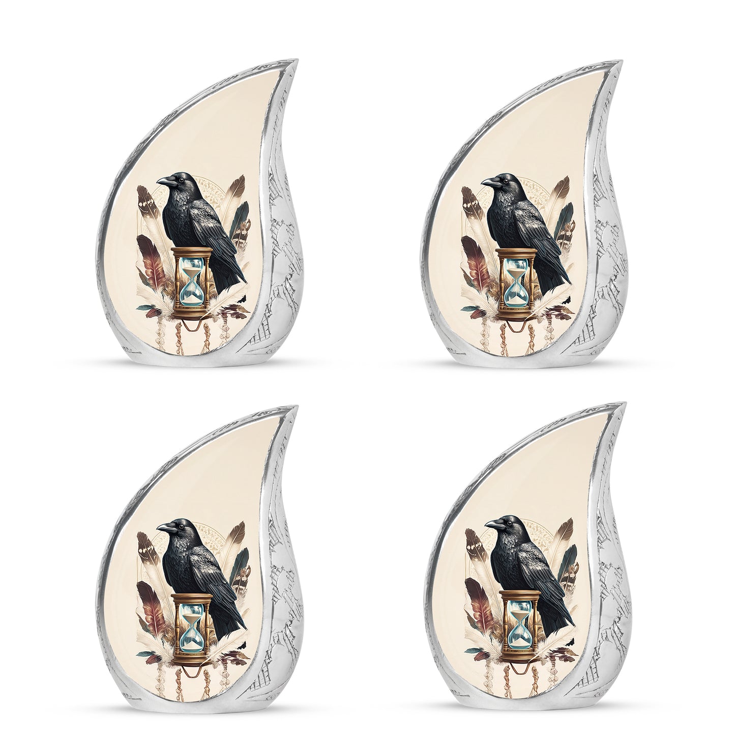 Alabaster White Crow Cremation Urn close-up of engraving and surface detail - flowing teardrop crow silhouette on curved aluminum - 10 inch aluminum urn for cremated remains
