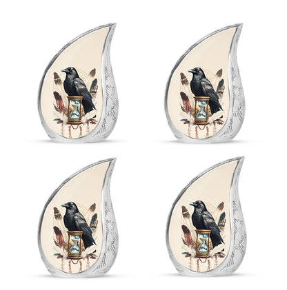 Alabaster White Crow Cremation Urn close-up of engraving and surface detail - flowing teardrop crow silhouette on curved aluminum - 10 inch aluminum urn for cremated remains