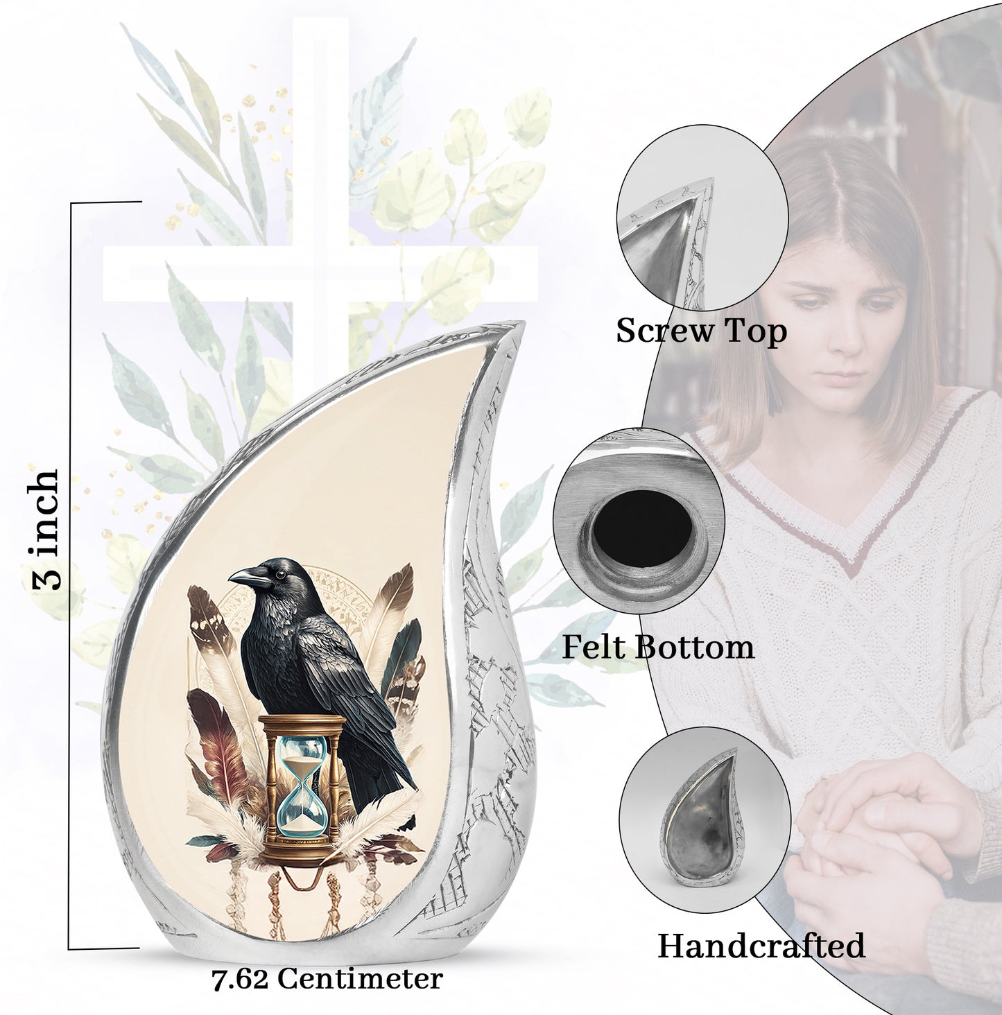 Alabaster White Crow Cremation Urn angled view of lid and engraved motif - rounded teardrop crow design with delicate detail - mini keepsake memorial for portion of cremation ashes