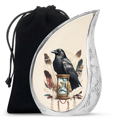 Snow White Crow Cremation Urn front view showing detailed design - flowing teardrop crow silhouette on curved aluminum - full-size 10 inch 200 cubic inch adult cremation urn