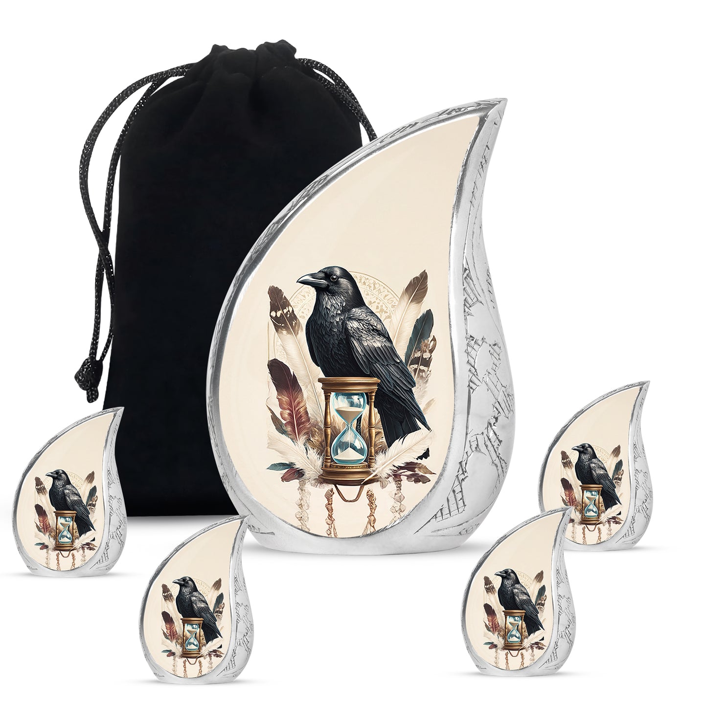 Pearl White Crow Cremation Urn side profile showing urn shape - graceful tear-shaped urn with crow motif - memorial set with one large and four small urns