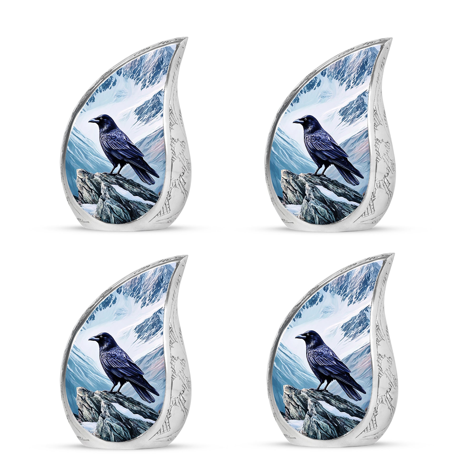 Calming Blue Crow Cremation Urn close-up of engraving and surface detail - smooth teardrop contour featuring crow art - 10 inch aluminum urn for cremated remains