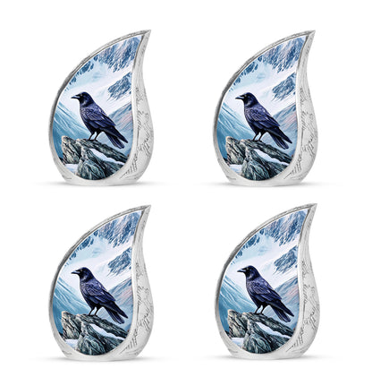 Calming Blue Crow Cremation Urn close-up of engraving and surface detail - smooth teardrop contour featuring crow art - 10 inch aluminum urn for cremated remains