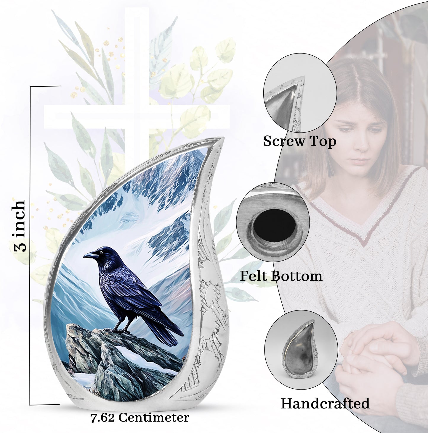 Azure Crow Cremation Urn angled view of lid and engraved motif - rounded teardrop crow design with delicate detail - mini keepsake memorial for portion of cremation ashes