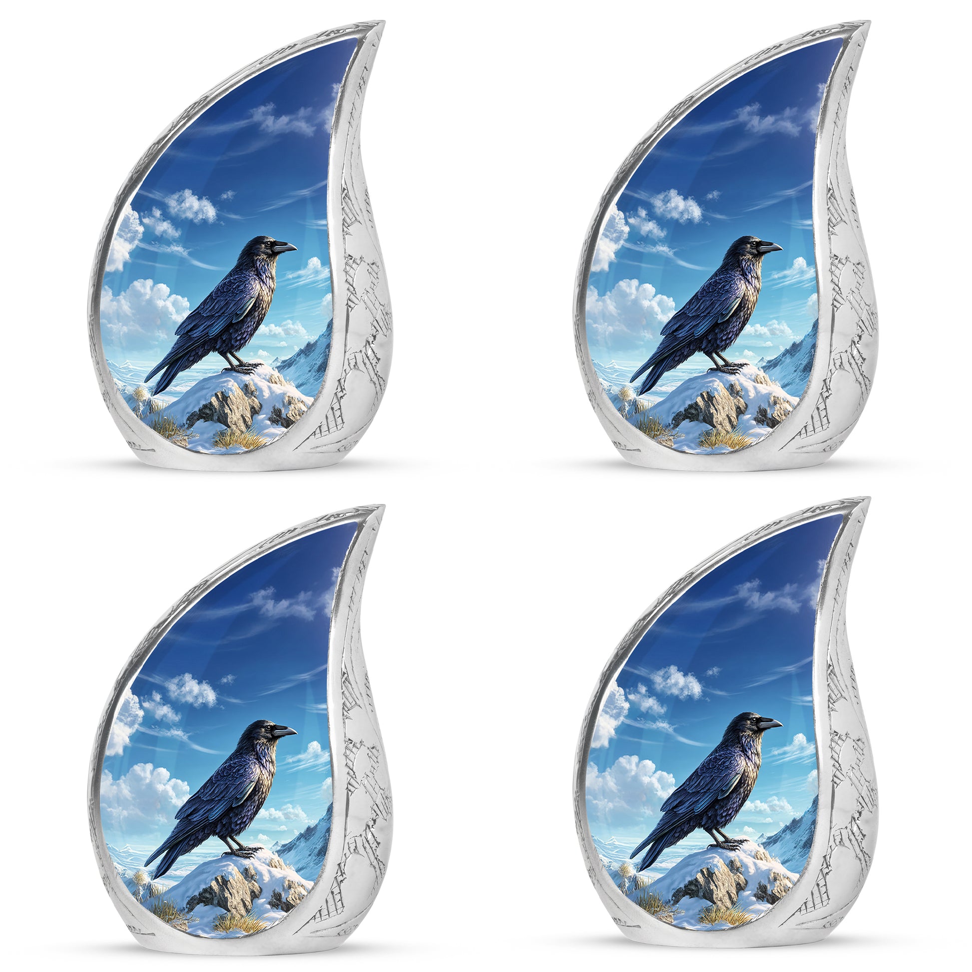 Dusty Blue Crow Cremation Urn close-up of engraving and surface detail - flowing teardrop crow silhouette on curved aluminum - 10 inch aluminum urn for cremated remains