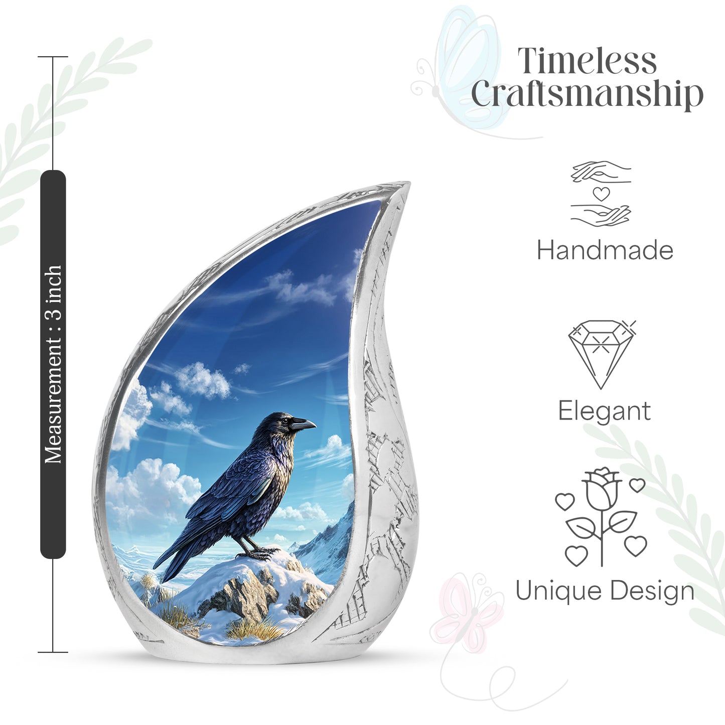 Serene Blue Crow Cremation Urn angled view of lid and engraved motif - graceful tear-shaped urn with crow motif - mini keepsake memorial for portion of cremation ashes