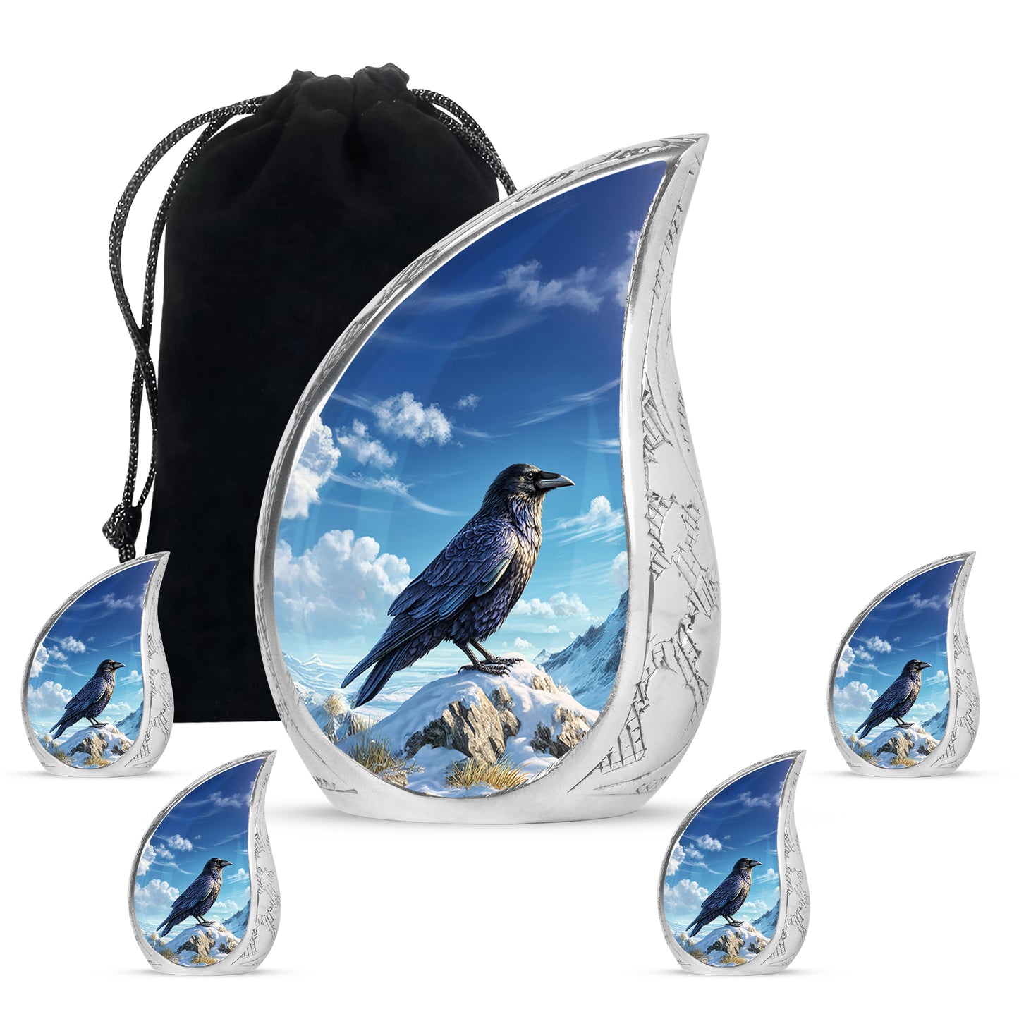 Icy Blue Crow Cremation Urn side profile showing urn shape - flowing teardrop crow silhouette on curved aluminum - memorial set with one large and four small urns