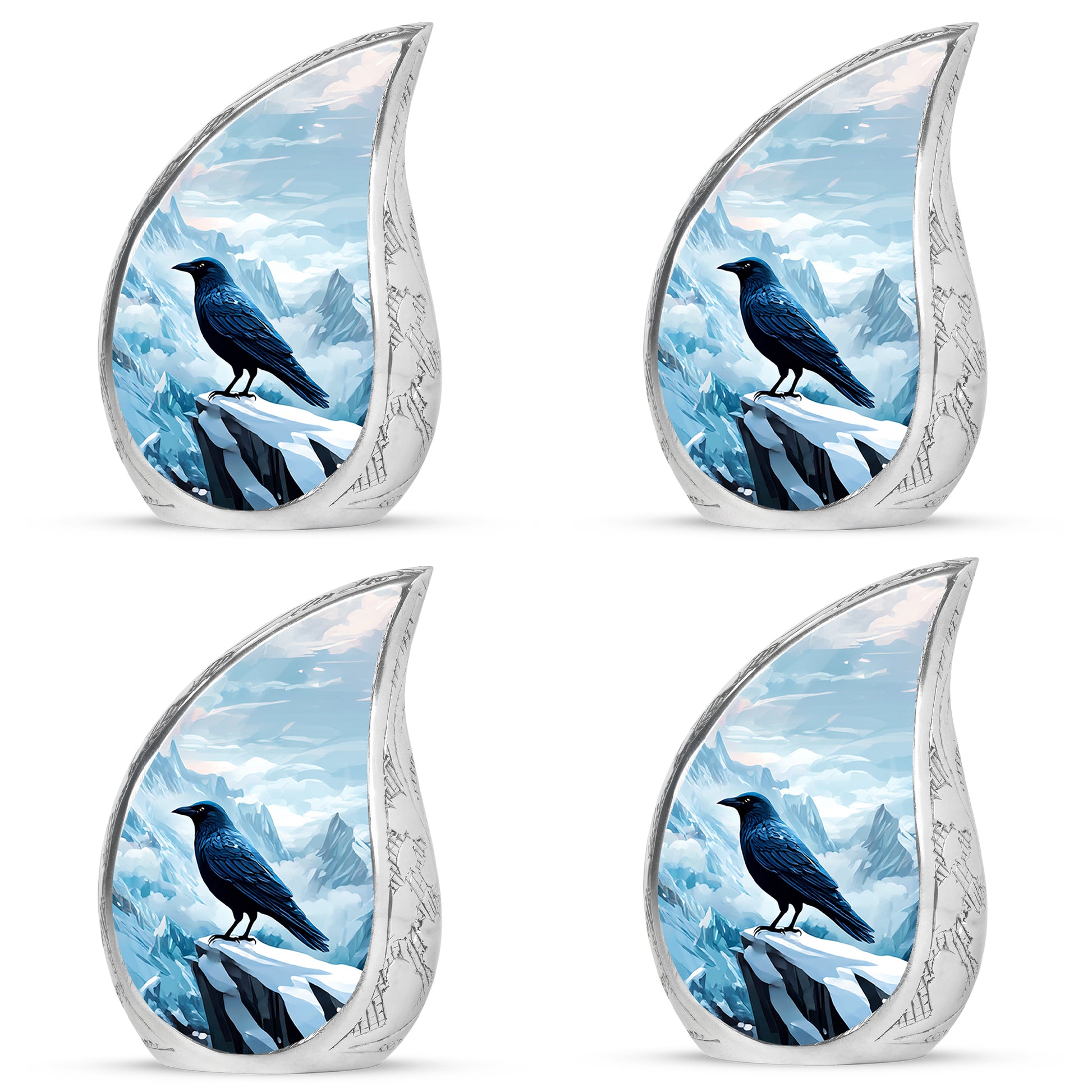 Serene Blue Crow Cremation Urn close-up of engraving and surface detail - smooth teardrop contour featuring crow art - 10 inch aluminum urn for cremated remains