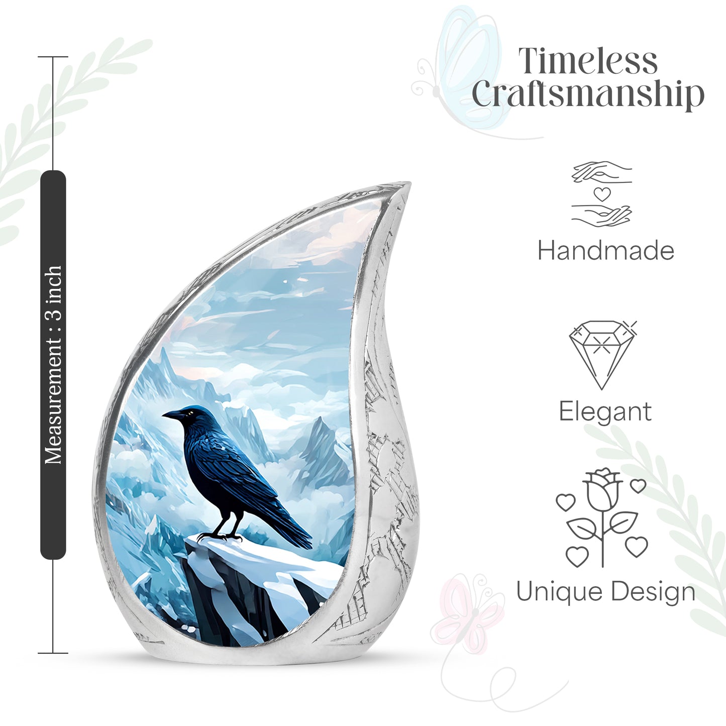 Royal Blue Crow Cremation Urn angled view of lid and engraved motif - smooth teardrop contour featuring crow art - mini keepsake memorial for portion of cremation ashes