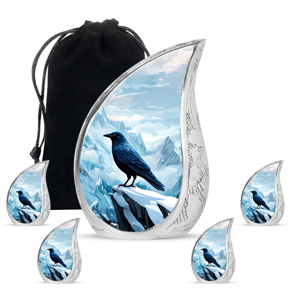Celestial Blue Crow Cremation Urn side profile showing urn shape - flowing teardrop crow silhouette on curved aluminum - memorial set with one large and four small urns