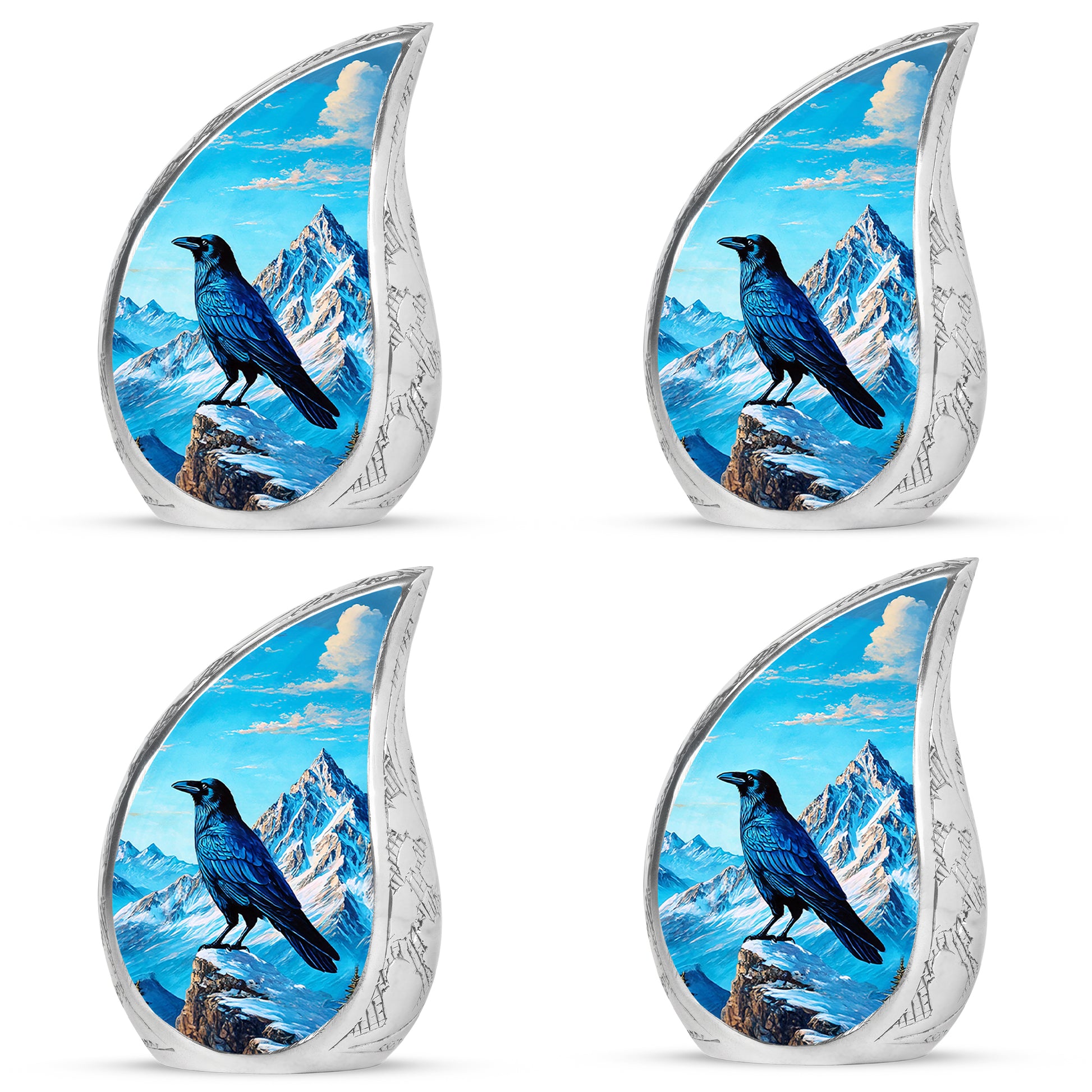 Sapphire Blue Crow Cremation Urn close-up of engraving and surface detail - smooth teardrop contour featuring crow art - 10 inch aluminum urn for cremated remains