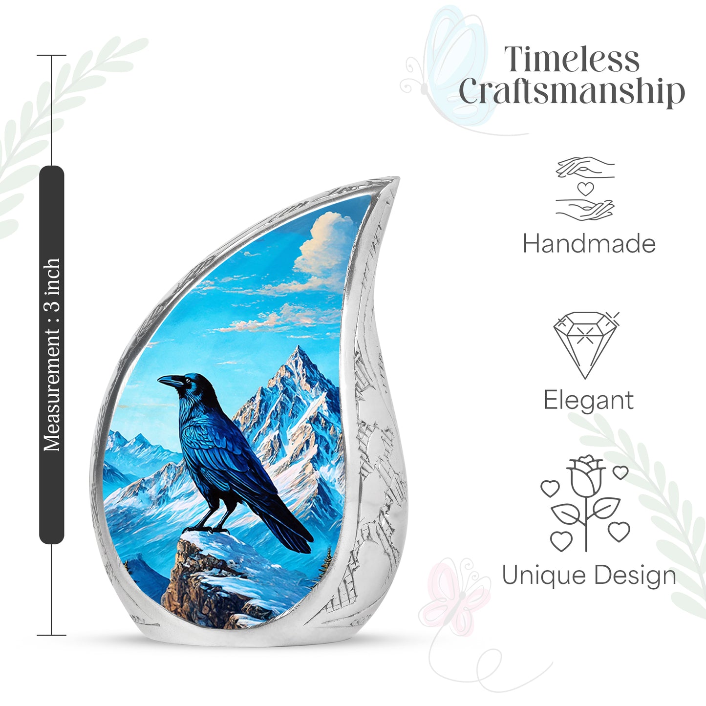 Calming Blue Crow Cremation Urn angled view of lid and engraved motif - graceful tear-shaped urn with crow motif - mini keepsake memorial for portion of cremation ashes