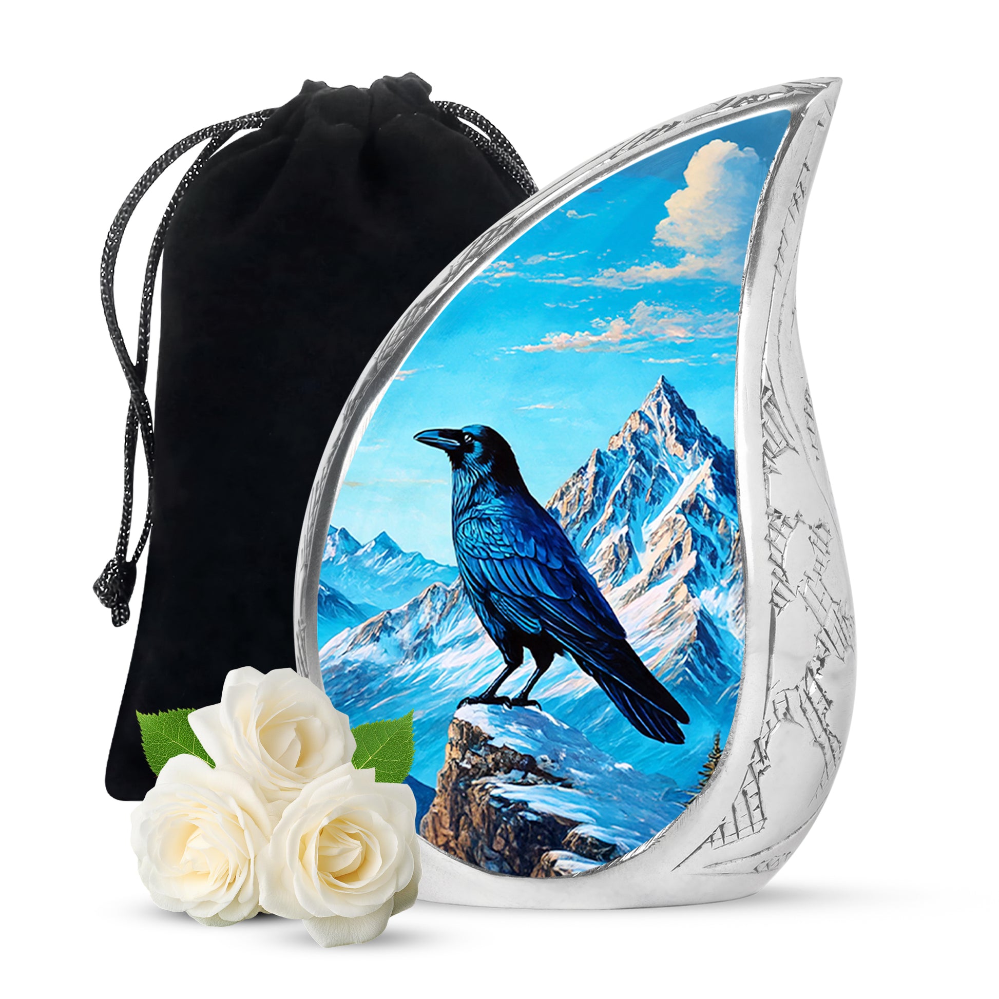 Sky Blue Crow Cremation Urn front view showing detailed design - rounded teardrop crow design with delicate detail - full-size 10 inch 200 cubic inch adult cremation urn