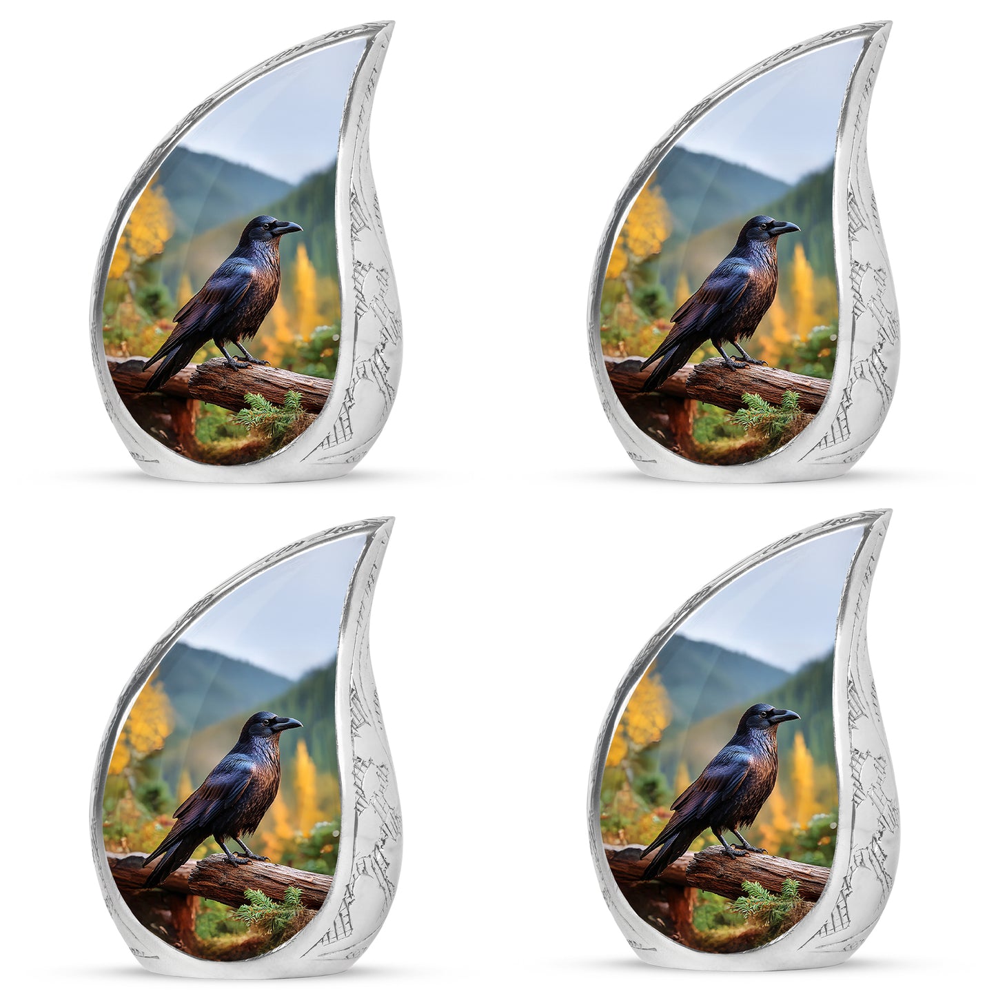 Steel Blue Crow Cremation Urn close-up of engraving and surface detail - smooth teardrop contour featuring crow art - 10 inch aluminum urn for cremated remains