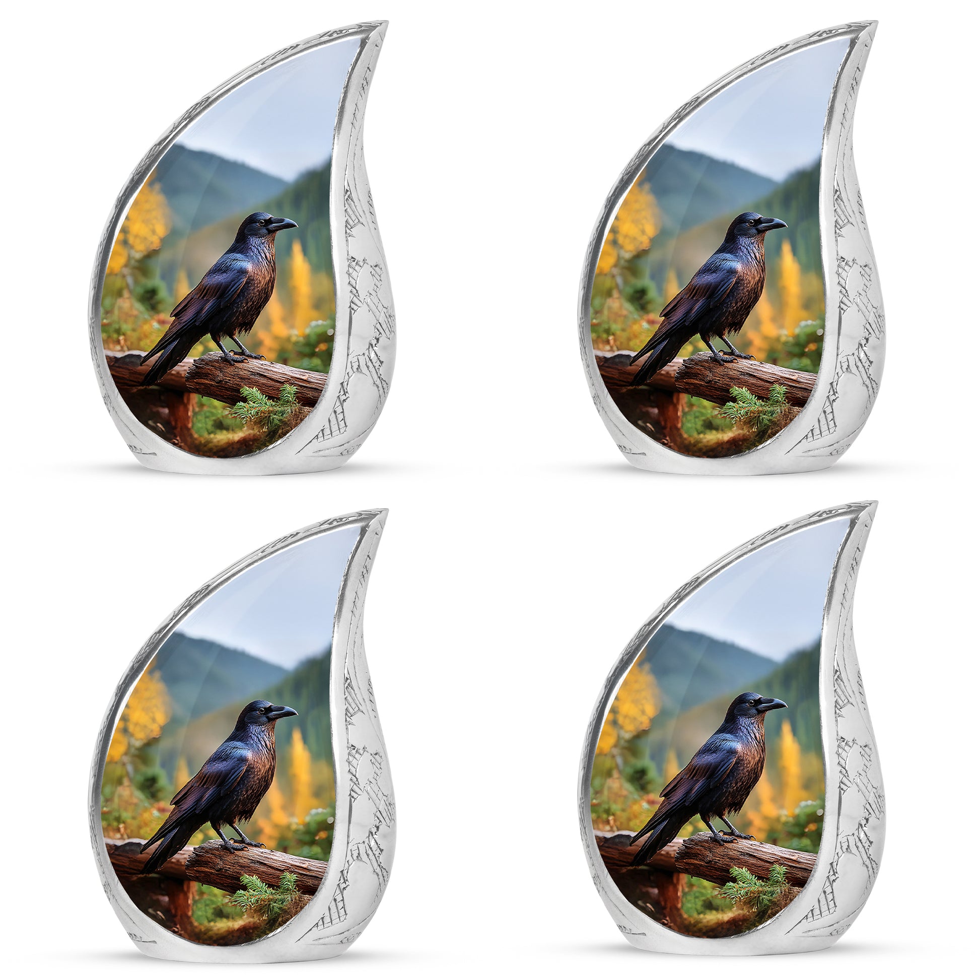 Steel Blue Crow Cremation Urn close-up of engraving and surface detail - smooth teardrop contour featuring crow art - 10 inch aluminum urn for cremated remains