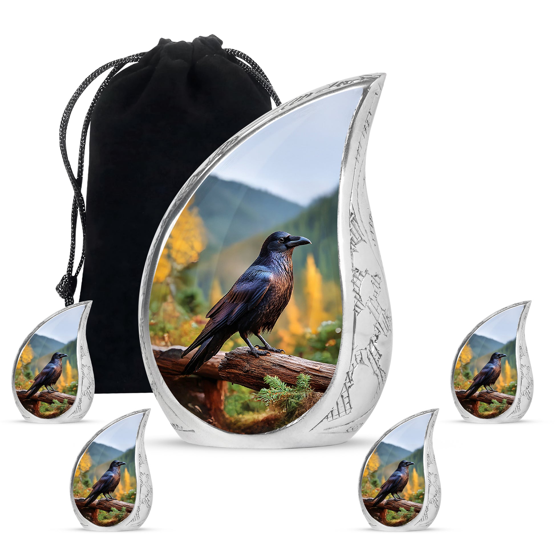 Azure Crow Cremation Urn side profile showing urn shape - rounded teardrop crow design with delicate detail - memorial set with one large and four small urns