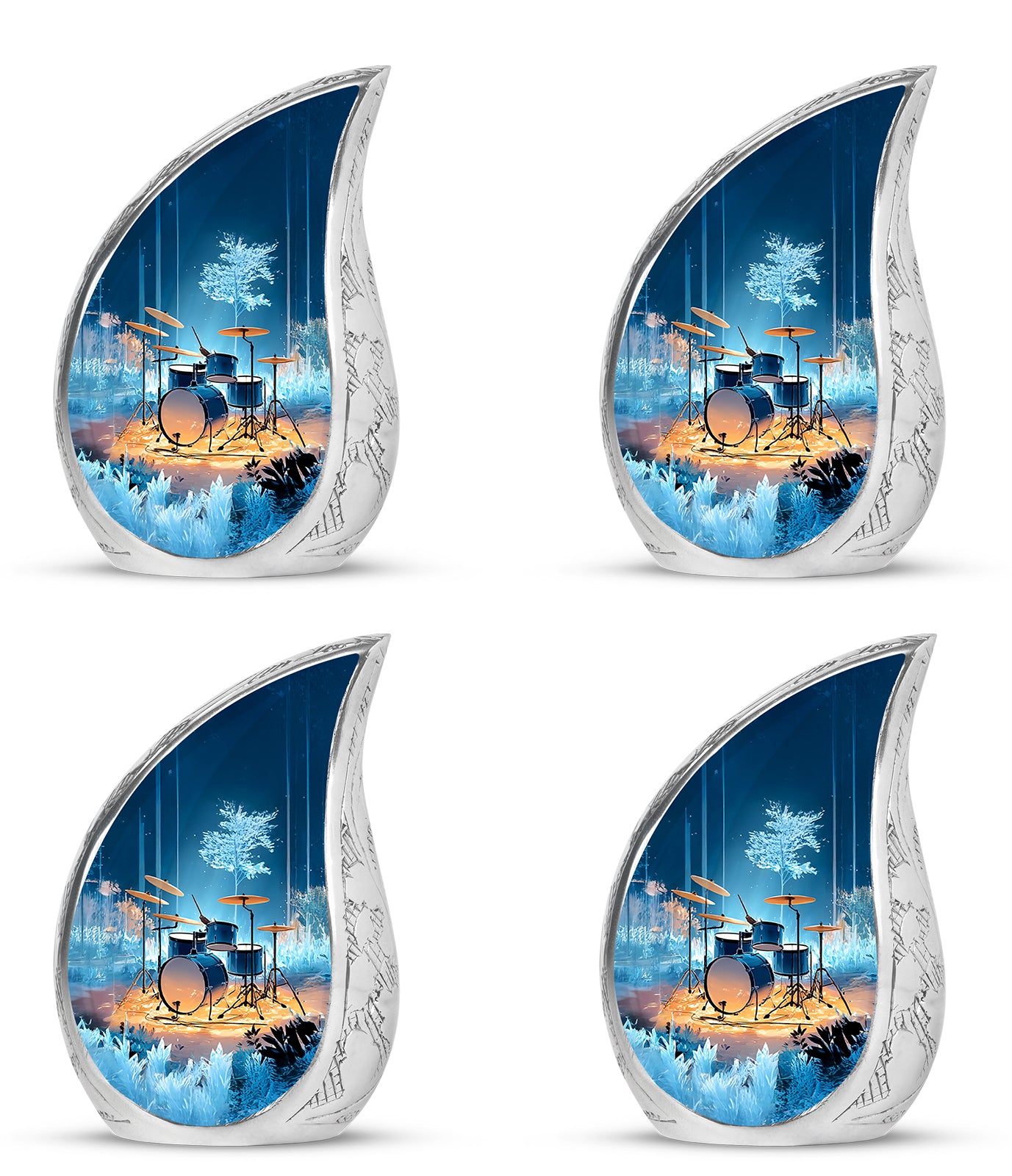 Indigo Drums Cremation Urn close-up of engraving and surface detail - flowing teardrop drums silhouette on curved aluminum - 10 inch aluminum urn for cremated remains