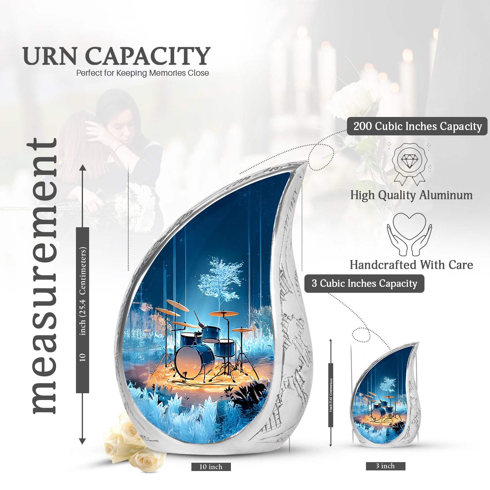 Steel Blue Drums Cremation Urn angled view of lid and engraved motif - smooth teardrop contour featuring drums art - mini keepsake memorial for portion of cremation ashes