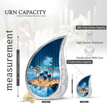 Steel Blue Drums Cremation Urn angled view of lid and engraved motif - smooth teardrop contour featuring drums art - mini keepsake memorial for portion of cremation ashes