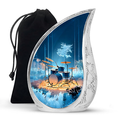 Steel Blue Drums Cremation Urn front view showing detailed design - smooth teardrop contour featuring drums art - full-size 10 inch 200 cubic inch adult cremation urn