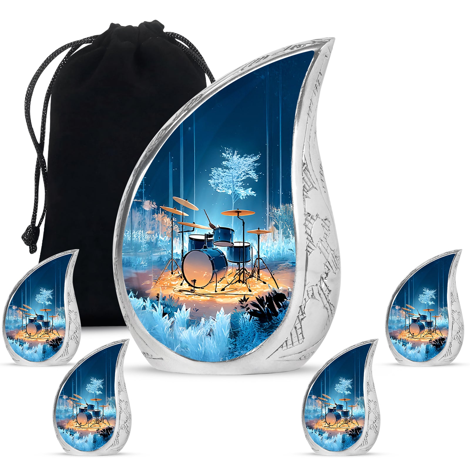 Soft Blue Drums Cremation Urn side profile showing urn shape - graceful tear-shaped urn with drums motif - memorial set with one large and four small urns