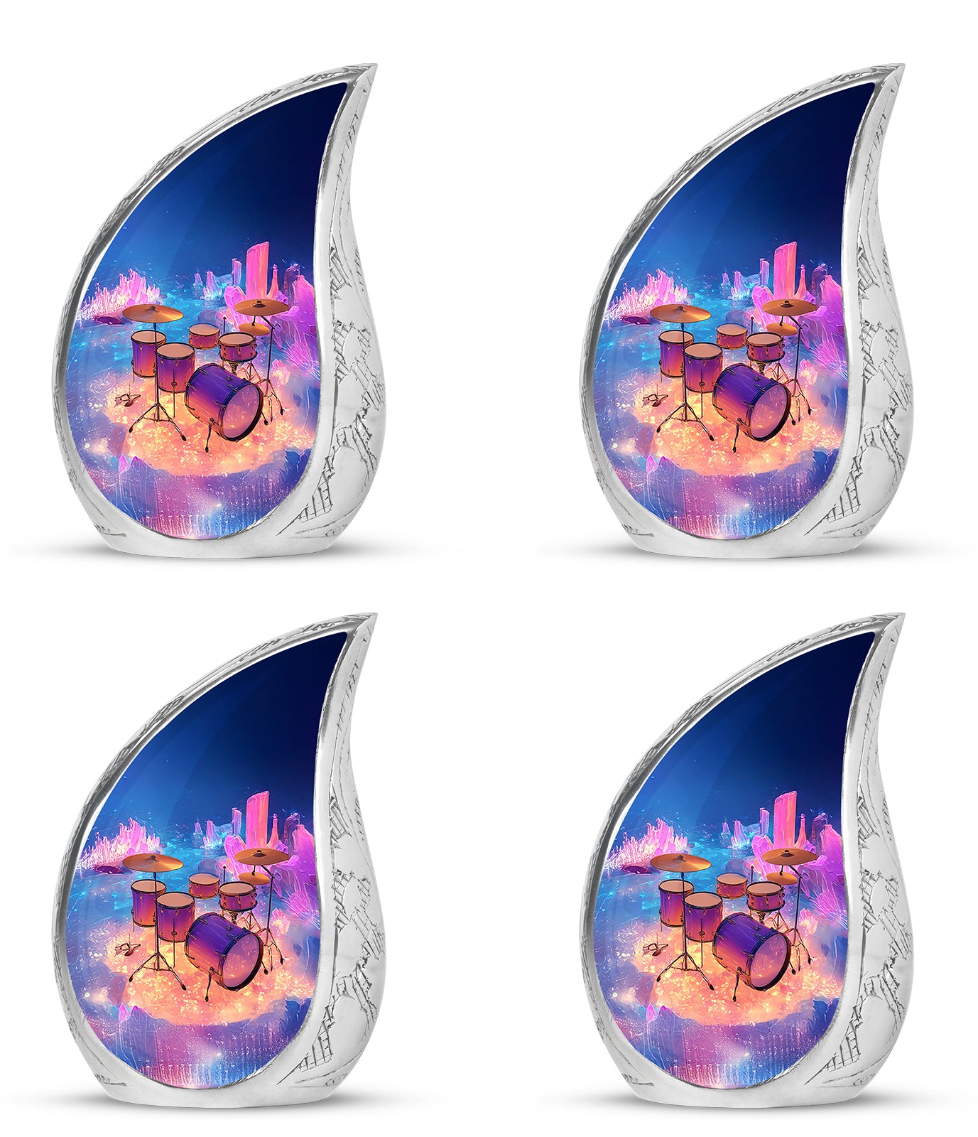 Vivid Blue Drums Cremation Urn close-up of engraving and surface detail - smooth teardrop contour featuring drums art - 10 inch aluminum urn for cremated remains
