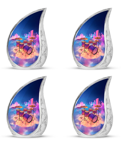 Vivid Blue Drums Cremation Urn close-up of engraving and surface detail - smooth teardrop contour featuring drums art - 10 inch aluminum urn for cremated remains