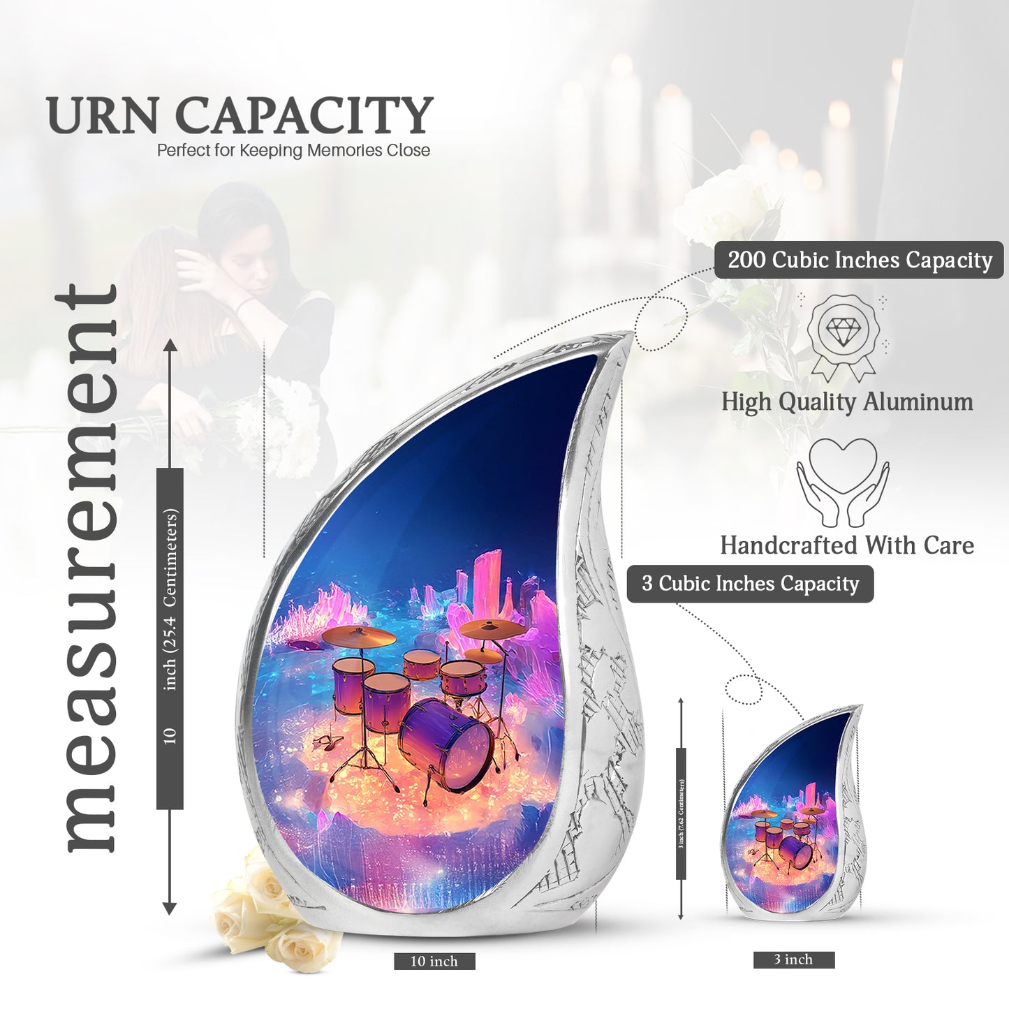 Slate Blue Drums Cremation Urn angled view of lid and engraved motif - rounded teardrop drums design with delicate detail - mini keepsake memorial for portion of cremation ashes