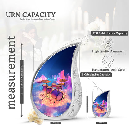 Slate Blue Drums Cremation Urn angled view of lid and engraved motif - rounded teardrop drums design with delicate detail - mini keepsake memorial for portion of cremation ashes