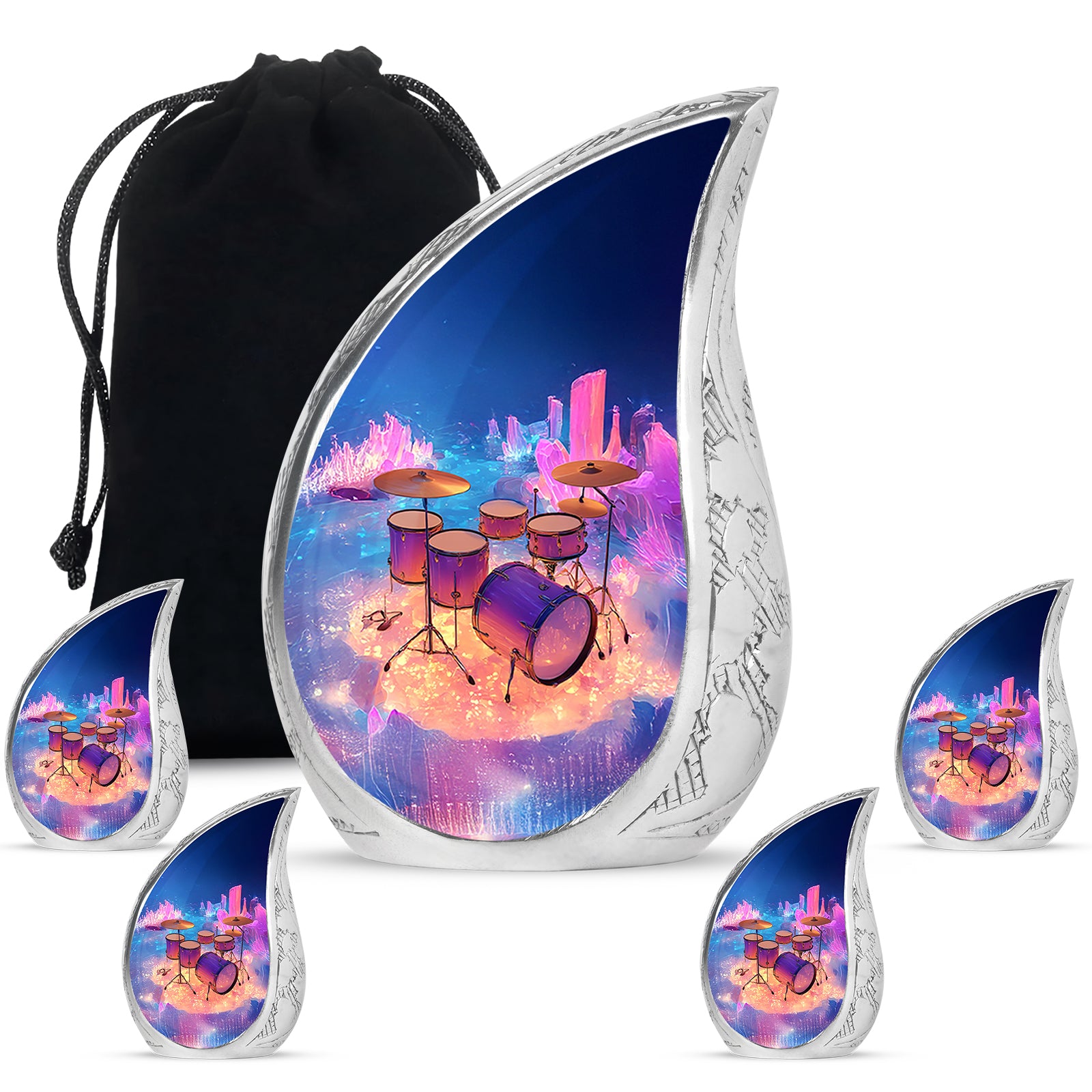 Azure Drums Cremation Urn side profile showing urn shape - flowing teardrop drums silhouette on curved aluminum - memorial set with one large and four small urns