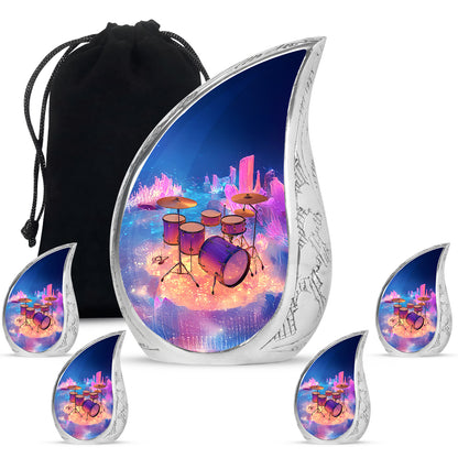 Azure Drums Cremation Urn side profile showing urn shape - flowing teardrop drums silhouette on curved aluminum - memorial set with one large and four small urns