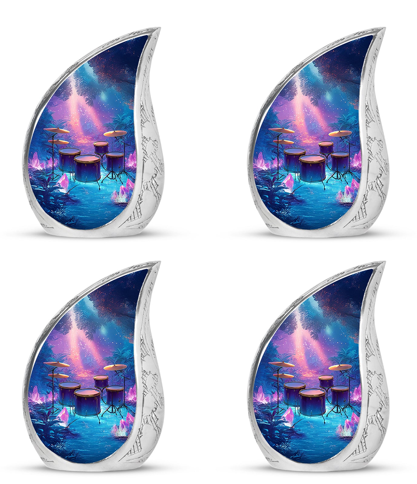 Calming Blue Drums Cremation Urn close-up of engraving and surface detail - graceful tear-shaped urn with drums motif - 10 inch aluminum urn for cremated remains