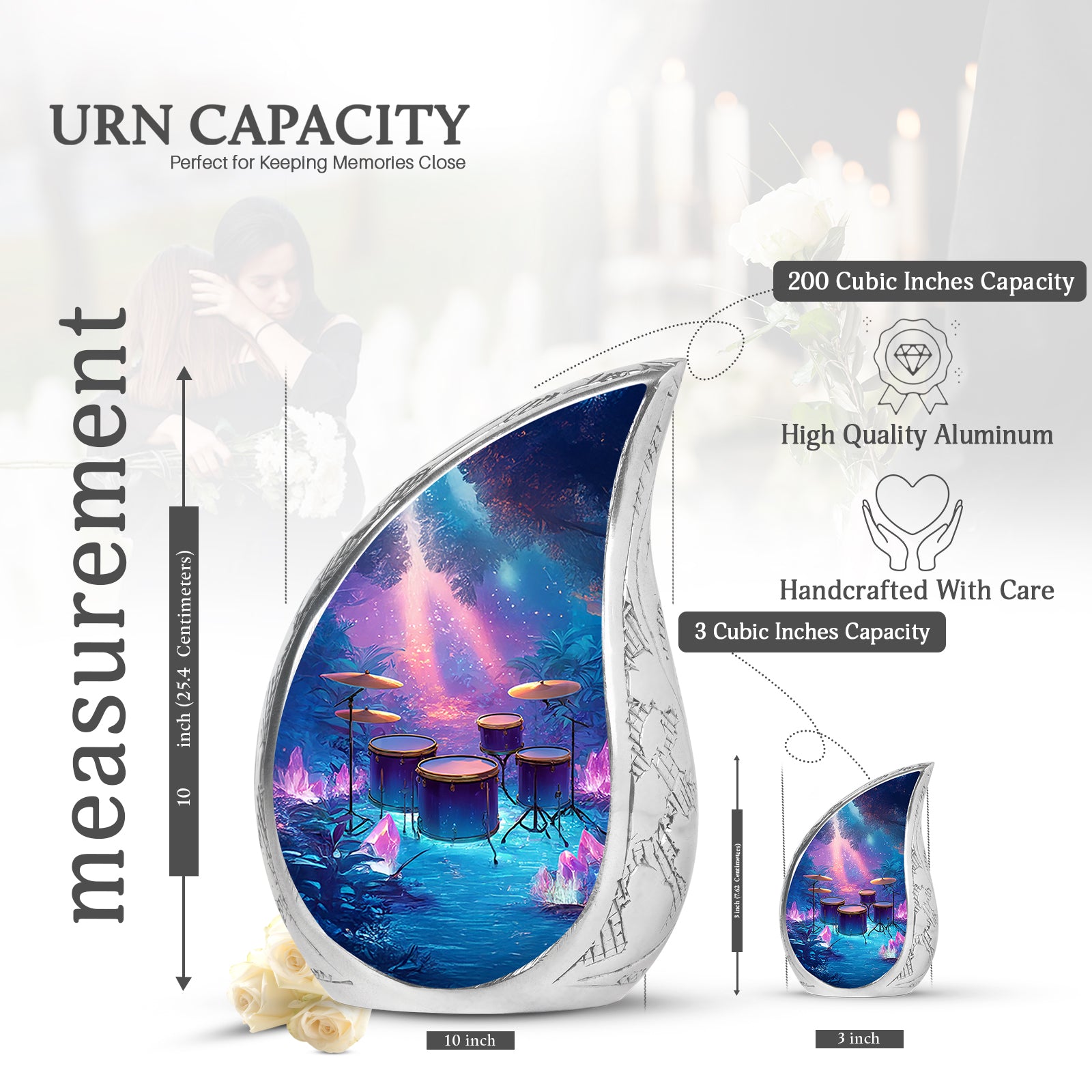 Dusty Blue Drums Cremation Urn angled view of lid and engraved motif - flowing teardrop drums silhouette on curved aluminum - mini keepsake memorial for portion of cremation ashes