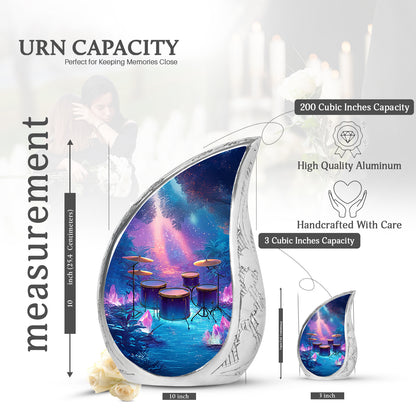 Dusty Blue Drums Cremation Urn angled view of lid and engraved motif - flowing teardrop drums silhouette on curved aluminum - mini keepsake memorial for portion of cremation ashes