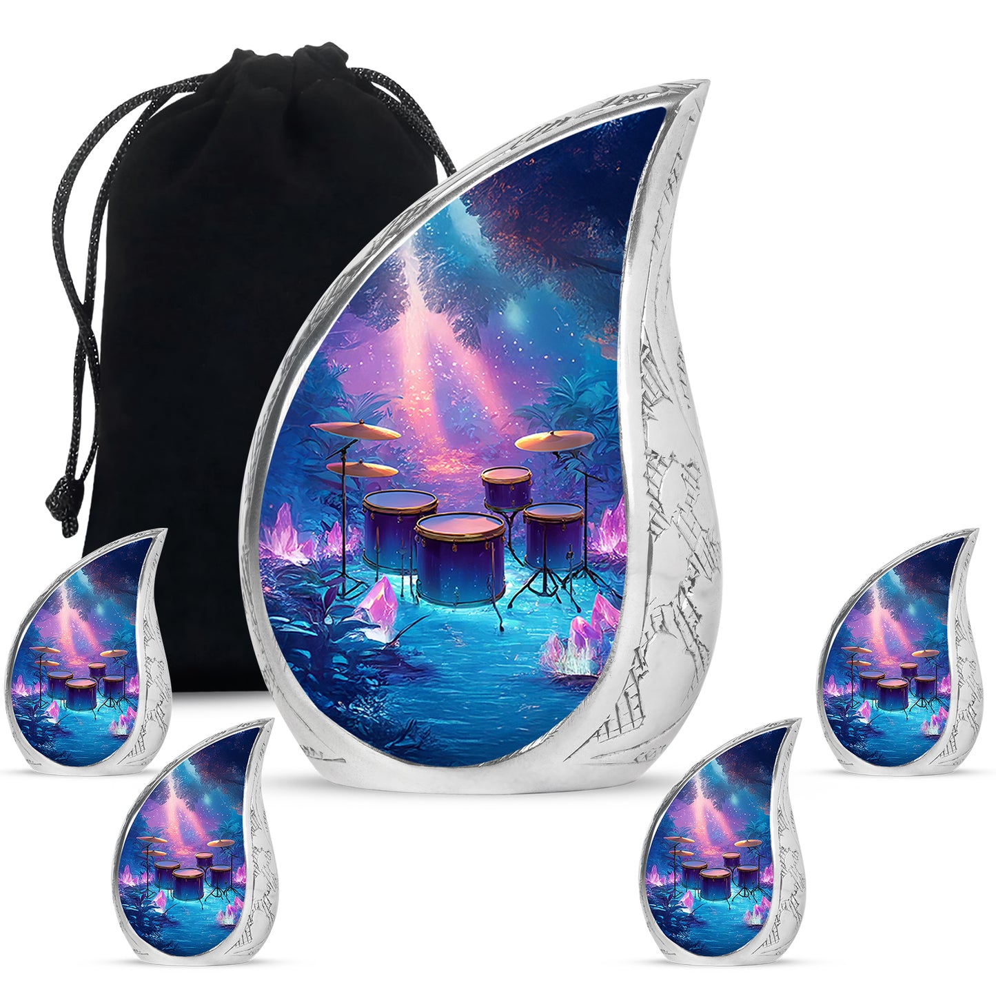 Sky Blue Drums Cremation Urn side profile showing urn shape - flowing teardrop drums silhouette on curved aluminum - memorial set with one large and four small urns