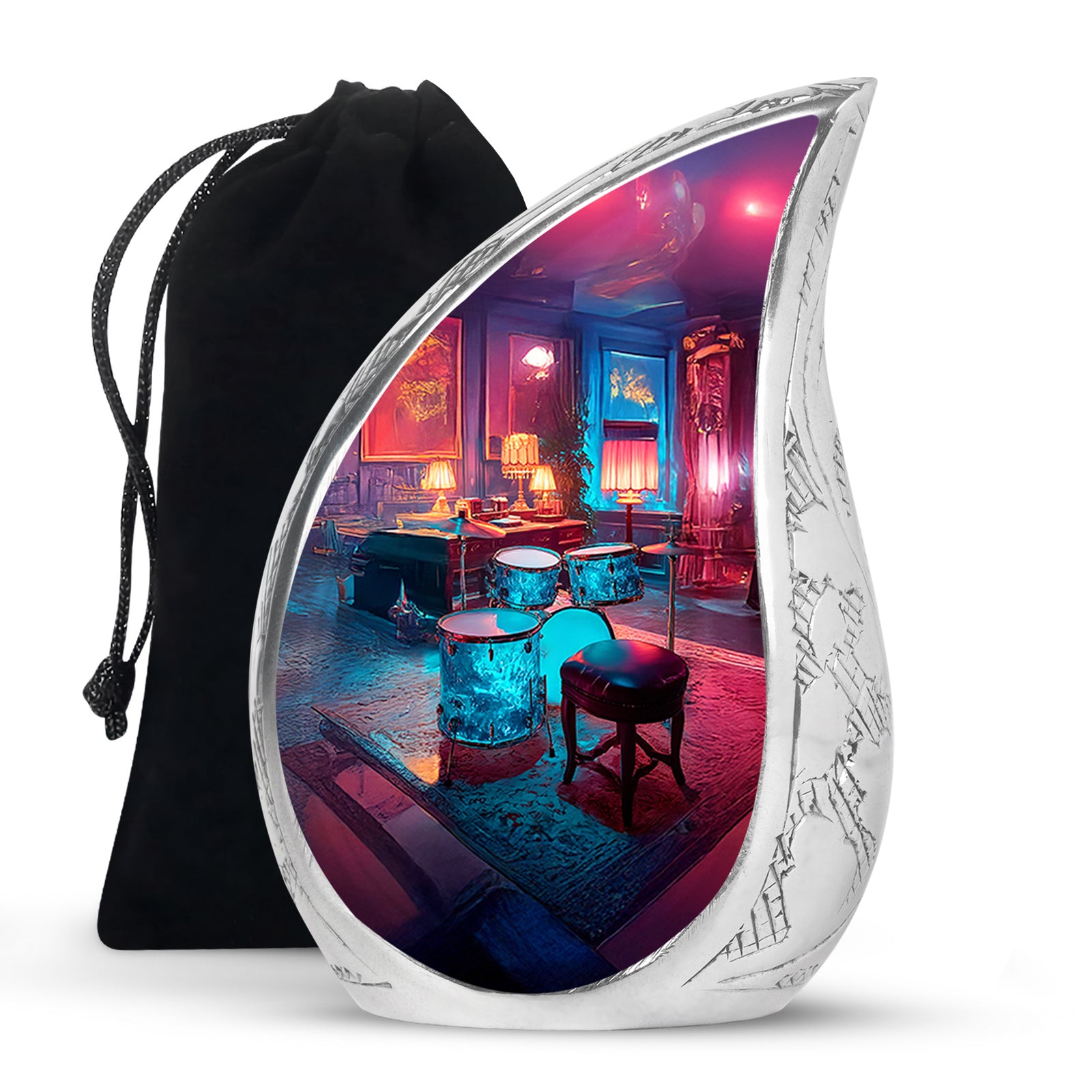 Misty Blue Drums Cremation Urn front view showing detailed design - rounded teardrop drums design with delicate detail - full-size 10 inch 200 cubic inch adult cremation urn
