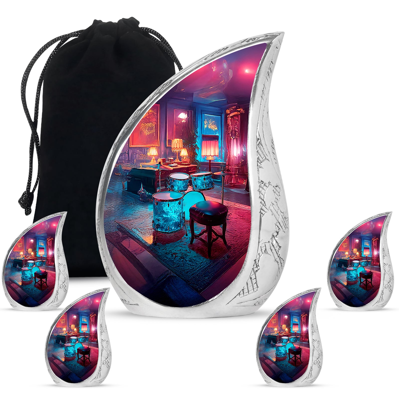 Sapphire Blue Drums Cremation Urn side profile showing urn shape - graceful tear-shaped urn with drums motif - memorial set with one large and four small urns